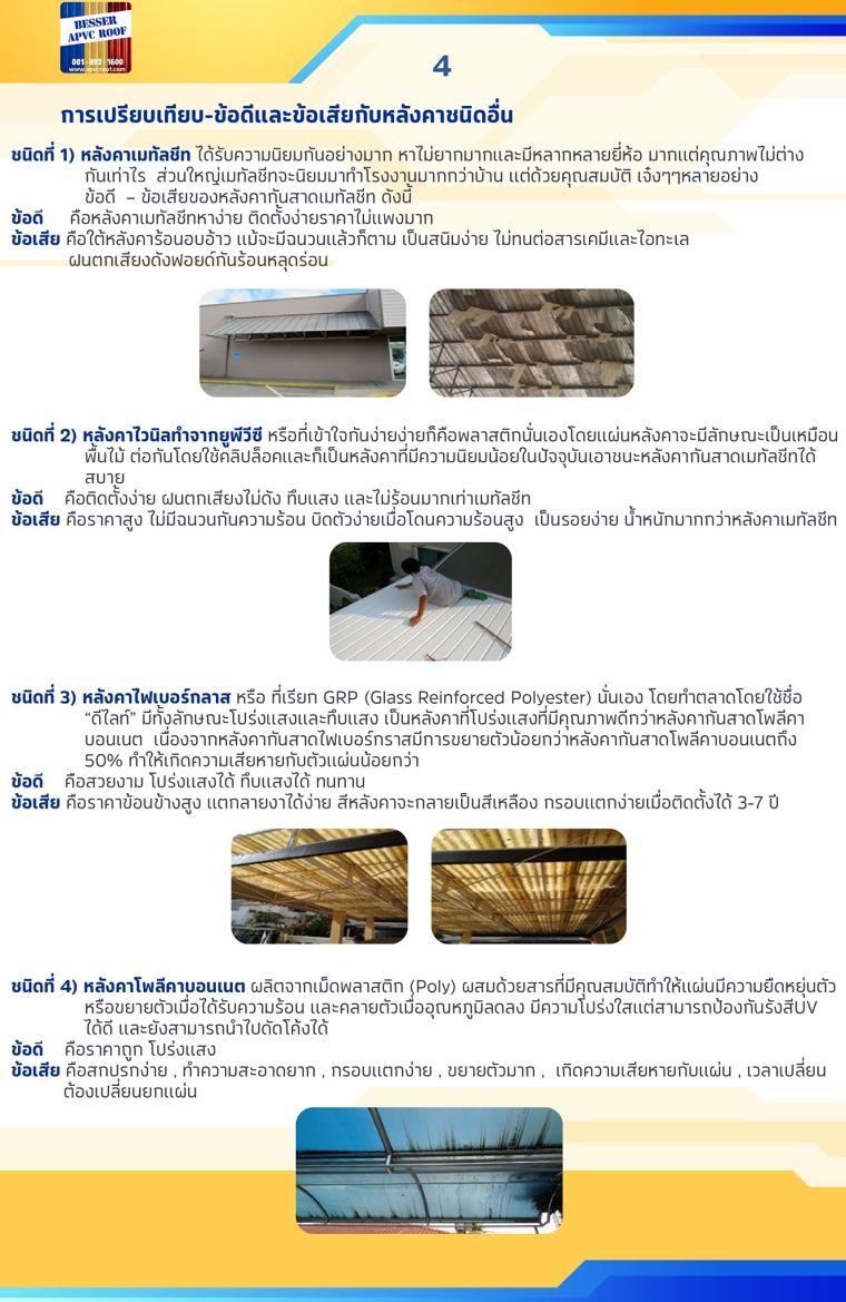 ข้อดีและข้อเสีย หลังคายูพีวีซี UPVC หลังคาเอพีวีซี APVC ASA ตราเบสเซอร์ BESSER เทียบกับหลังคาชนิดอื่นๆ ภาพประกอบ