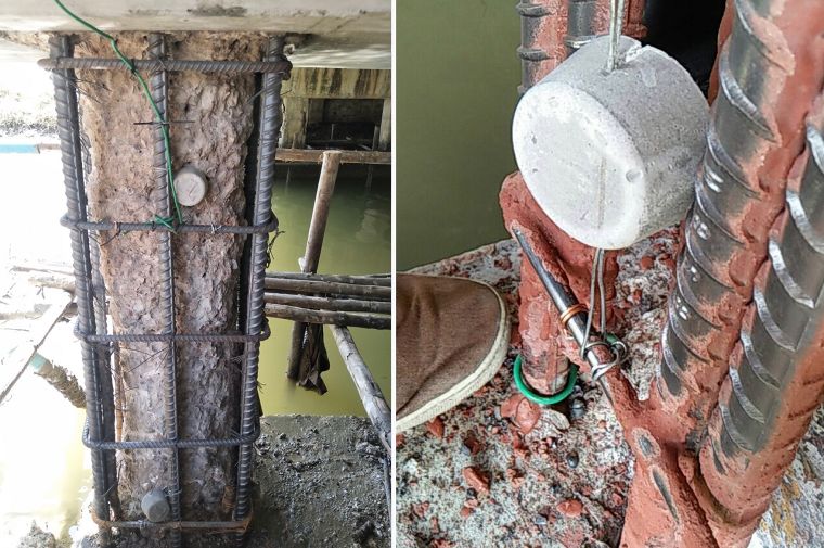 คอนกรีตแอโนด (Concrete Anode) ที่ติดตั้งสำหรับงานซ่อมแซมเหล็กโครงสร้างเดิมที่ได้รับความเสียหาย
