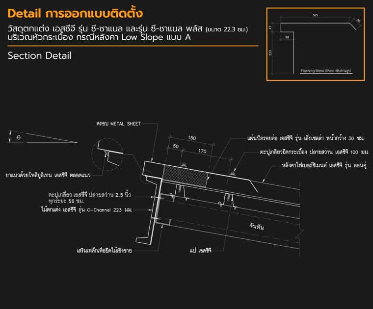 ดีเทลการออกแบบติดตั้งวัสดุตกแต่ง เอสซีจี รุ่น ซี-ชาแนล และรุ่น ซี-ชาแนล พลัส สำหรับงานตกแต่งภายนอกอาคาร (ผนัง ฟาซาด และหลังคา) ภาพประกอบ