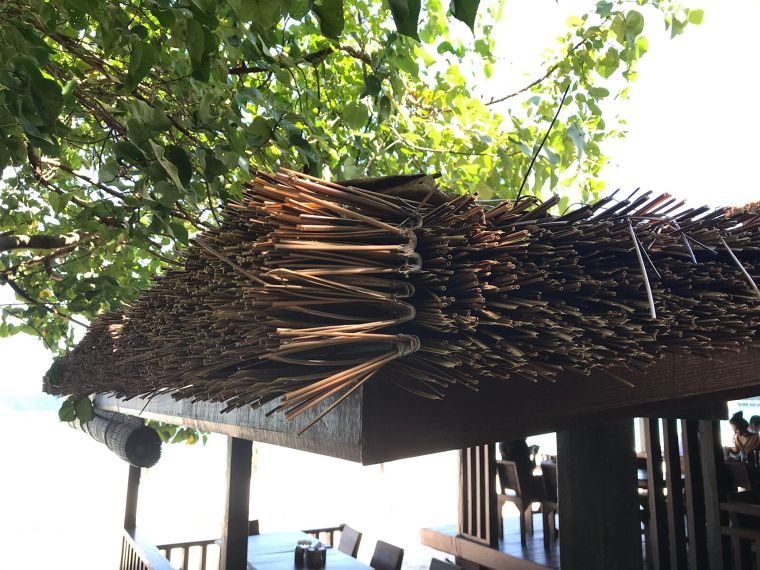 หลังคามุงใบจากที่เสริมความหนาบริเวณปลายด้วย Eaves