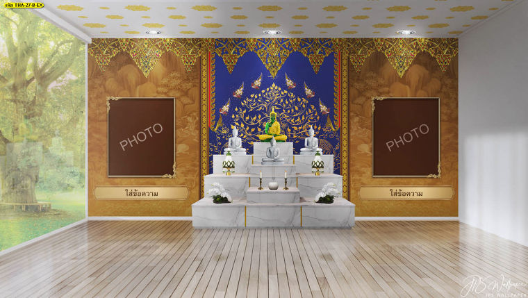 ห้องพระโล่งๆ ตกแต่งฉากหลังโต๊ะหมู่บูชาด้วยภาพพิมพ์ลายไทยสวยๆ
