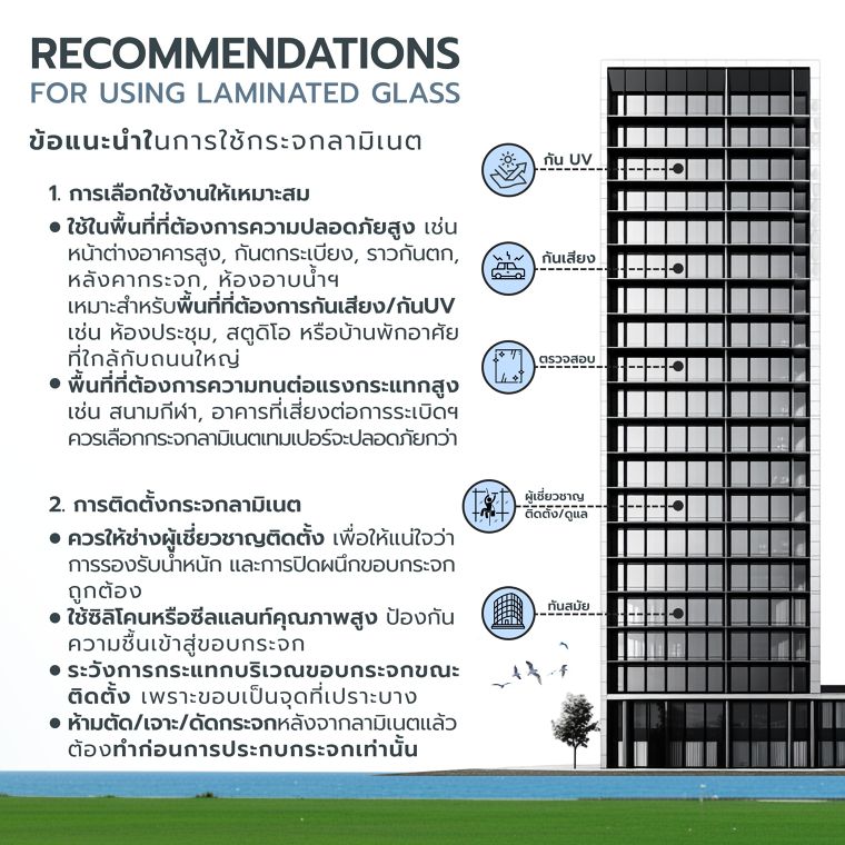ข้อดี ข้อควรระวังและข้อแนะนำในการใช้กระจกลามิเนต (Advantages, precautions and recommendations for using laminated glass) ภาพประกอบ