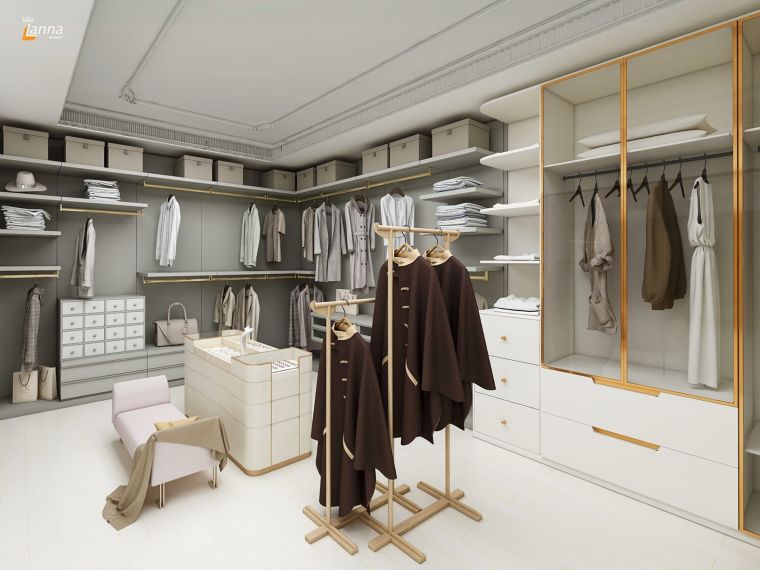 ภาพตัวอย่าง&nbsp;งานออกแบบพื้นที่ห้องแต่งตัว Walk-in Closet ที่เลือกวัสดุ HMR ทนชื้นจากแบรนด์ไม้อัดลานนา (Lanna Plywood) มาใช้ได้อย่างมีประสิทธิภาพ

