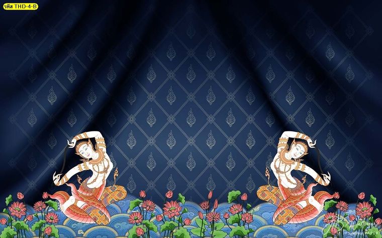 ภาพสั่งพิมพ์ลายพระแม่ธรณีพื้นหลังลายไทยสีน้ำเงินเข้ม
