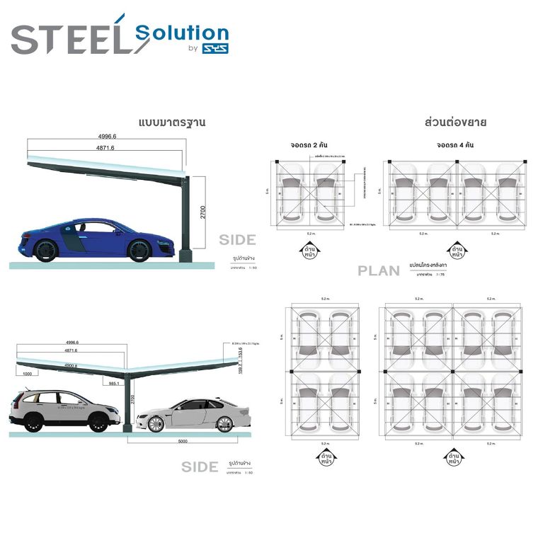 ที่จอดรถโครงสร้างเหล็กสำเร็จรูป “T-Stand Model” ให้ความแข็งแรงทนทาน ทำจากเหล็กเอชบีมคุณภาพสูง สามารถต่อขยายได้หลายรูปแบบ ภาพประกอบ