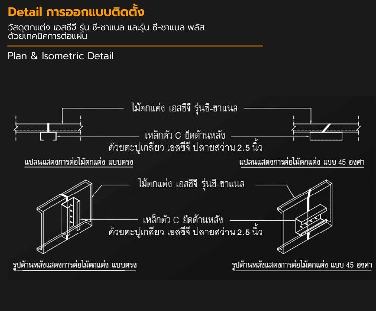 ดีเทลการออกแบบติดตั้งวัสดุตกแต่ง เอสซีจี รุ่น ซี-ชาแนล และรุ่น ซี-ชาแนล พลัส สำหรับงานตกแต่งภายนอกอาคาร (ผนัง ฟาซาด และหลังคา) ภาพประกอบ