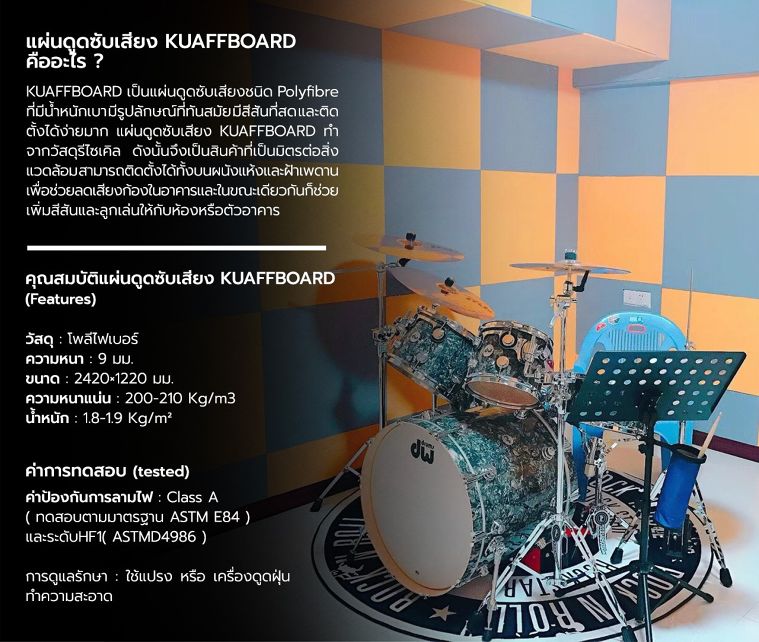 สเปคแผ่นดูดซับเสียง Kuaffboard สำหรับนำไปใช้ในงานตกแต่งภายในเพื่อให้ความสวยงามทันสมัย และช่วยดูดซับเสียงลดเสียงก้องภายในอาคาร  ภาพประกอบ