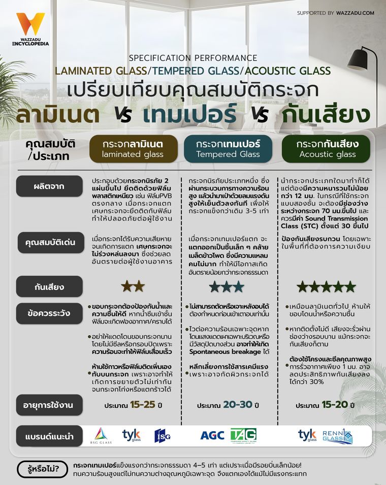 เปรียบเทียบคุณสมบัติกระจกลามิเนต กระจกเทมเปอร์ และ กระจกกันเสียง (Specification Performance : laminated glass Vs. Tempered Glass Vs. Acoustic glass) ภาพประกอบ