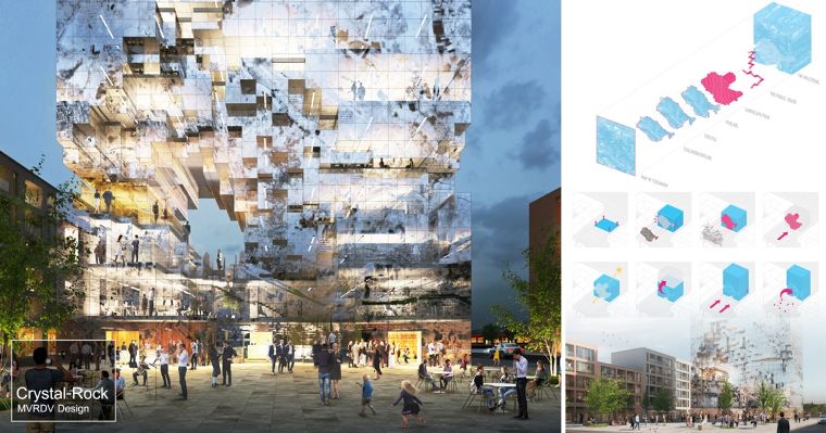 "The Milestone" อาคารที่ออกแบบ Glass Skin Wall ด้วยแนวคิด Crystal-Rock ที่บอกเล่าเรื่องราวต่างๆของเมืองจากอดีตไปถึงอนาคต  ภาพประกอบ