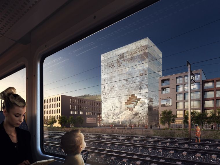 "The Milestone" อาคารที่ออกแบบ Glass Skin Wall ด้วยแนวคิด Crystal-Rock ที่บอกเล่าเรื่องราวต่างๆของเมืองจากอดีตไปถึงอนาคต  ภาพประกอบ