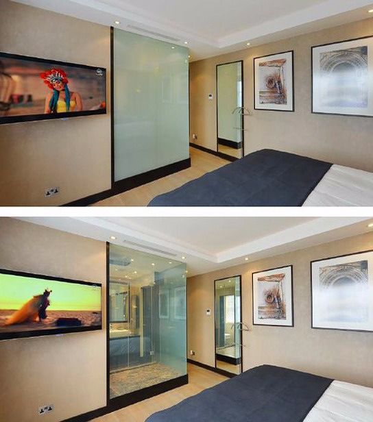 นวัตกรรมผนังกระจก"Magicglas" ที่สามารถเปิดปิดด้วยสวิทซ์ให้เป็นแบบโปร่งใส และแบบฝ้าทึบได้ตามความต้องการ ภาพประกอบ