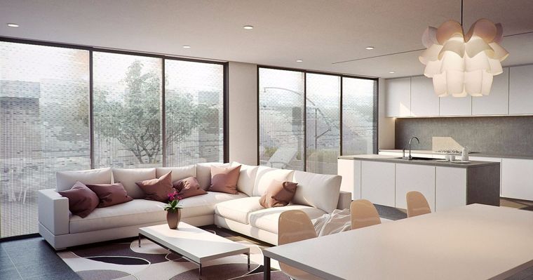 (after) ตัวอย่างภาพ 3D ห้องรับแขกในสไตล์ทรอปิคอลที่ตกเเต่งด้วยวัสดุกระจกพิมพ์ระบบดิจิตอล